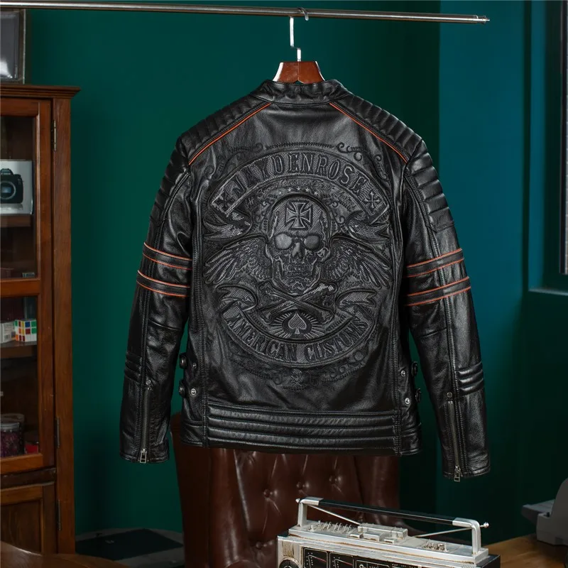 

YR!Free shipping.Wholesales.black short rider genuine leather jacket.Cool motor biker skulls cow leather coat.quality clothes