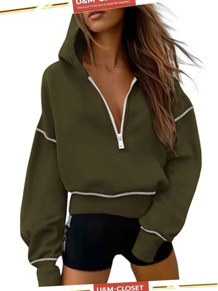 

Женская толстовка с капюшоном, минималистичный стиль на полумолнии, модный пуловер с капюшоном и длинными рукавами, осенне-зимняя новинка, свитшот