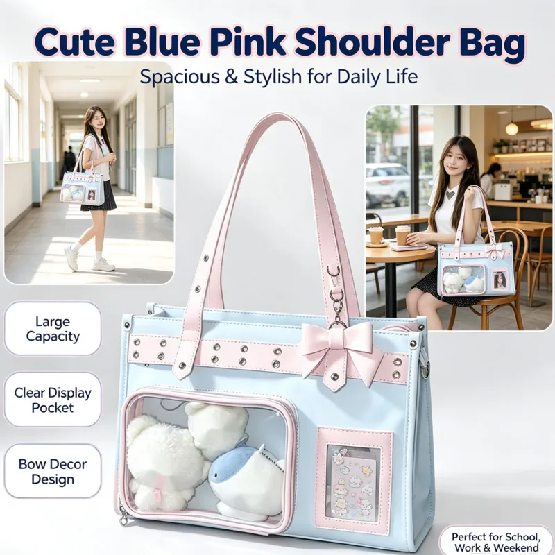 Korean Ita Bag Transparent Window, Shoulder Crossbody Backpack PU Leather, School Tote Handbag Concert Doll, Pin Display Bag New