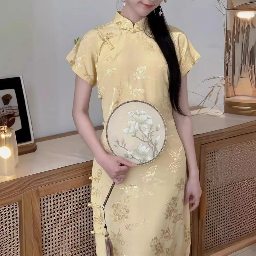 2024 New Yellow Cheongsam Women Improved Qipao Short Sleeve Vintage Butterfly Floral Chinese Style Long Dresses High-End