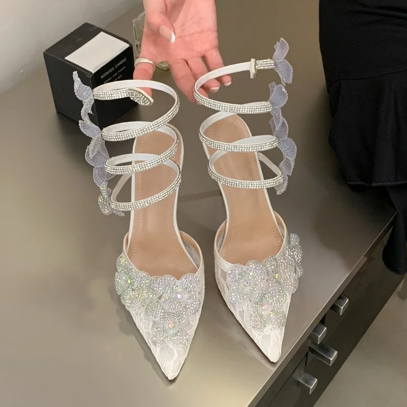 New Arrival Women Lace Rhinestone Butterfly Sandals Pointed Toe Spiral Wrap Ankle Strap Stiletto High Heel Wedding Banquet Shoes