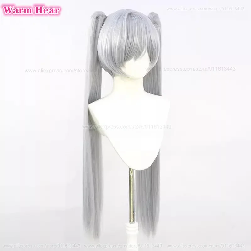 لعبة سندريلا الشعر الاصطناعية 90 سنتيمتر طويل فضي رمادي مزدوج ذيل حصان تأثيري أنيمي شعر مستعار مقاومة للحرارة الشعر هالوين شعر مستعار للحفلات