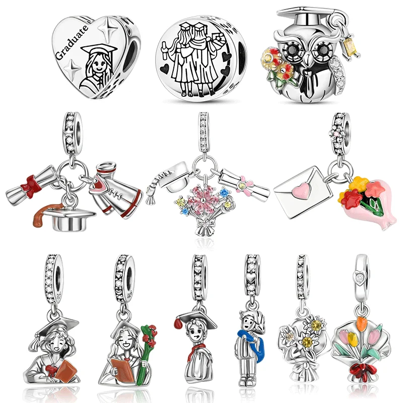 

925 Sterling Silver Graduation Series Charms Wise Graduate Owl Bead Boy Girl Pendant Fit Original Bracelet Necklace Jewelry Gift