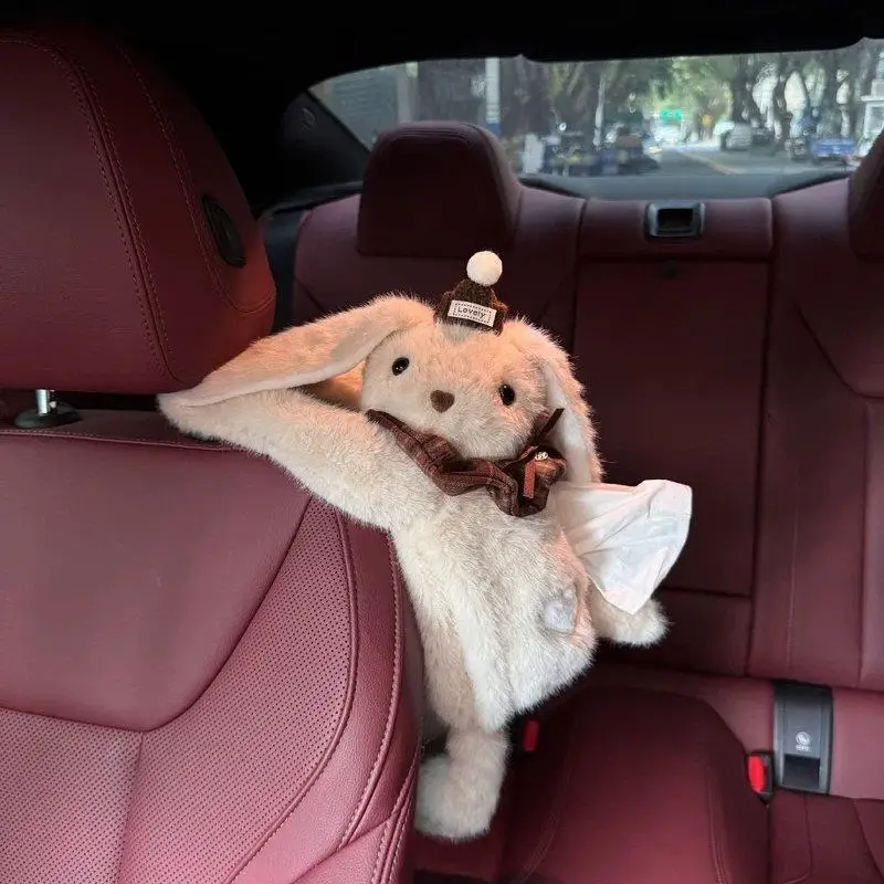 Plush Rabbit Tissue Box Holder Hanging Fluffy Bunny Napkin Organizer Car Back Seat Cartoon Animal Storage Cover For Kids Beige