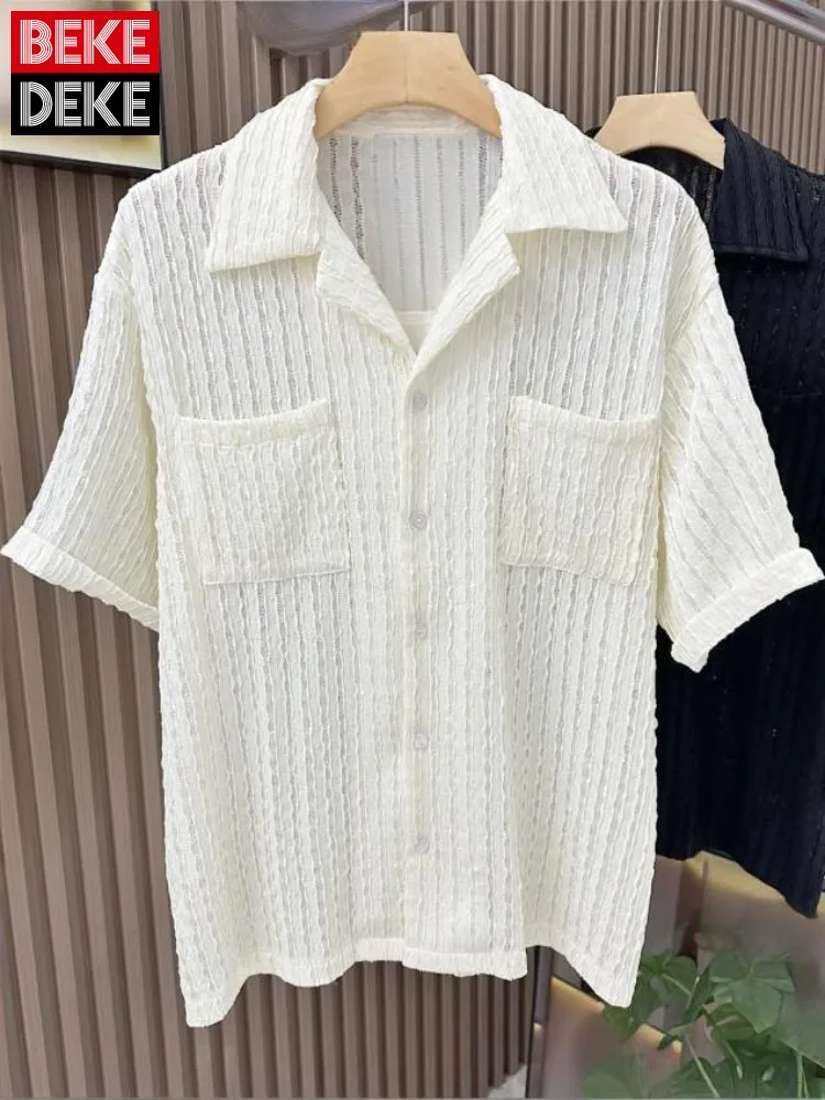 

Summer Cool Short Sleeves Male Turn Down Collar Shirts Solid Color Single-Breasted Breathable Tops Fashion Men Pockets Shirt