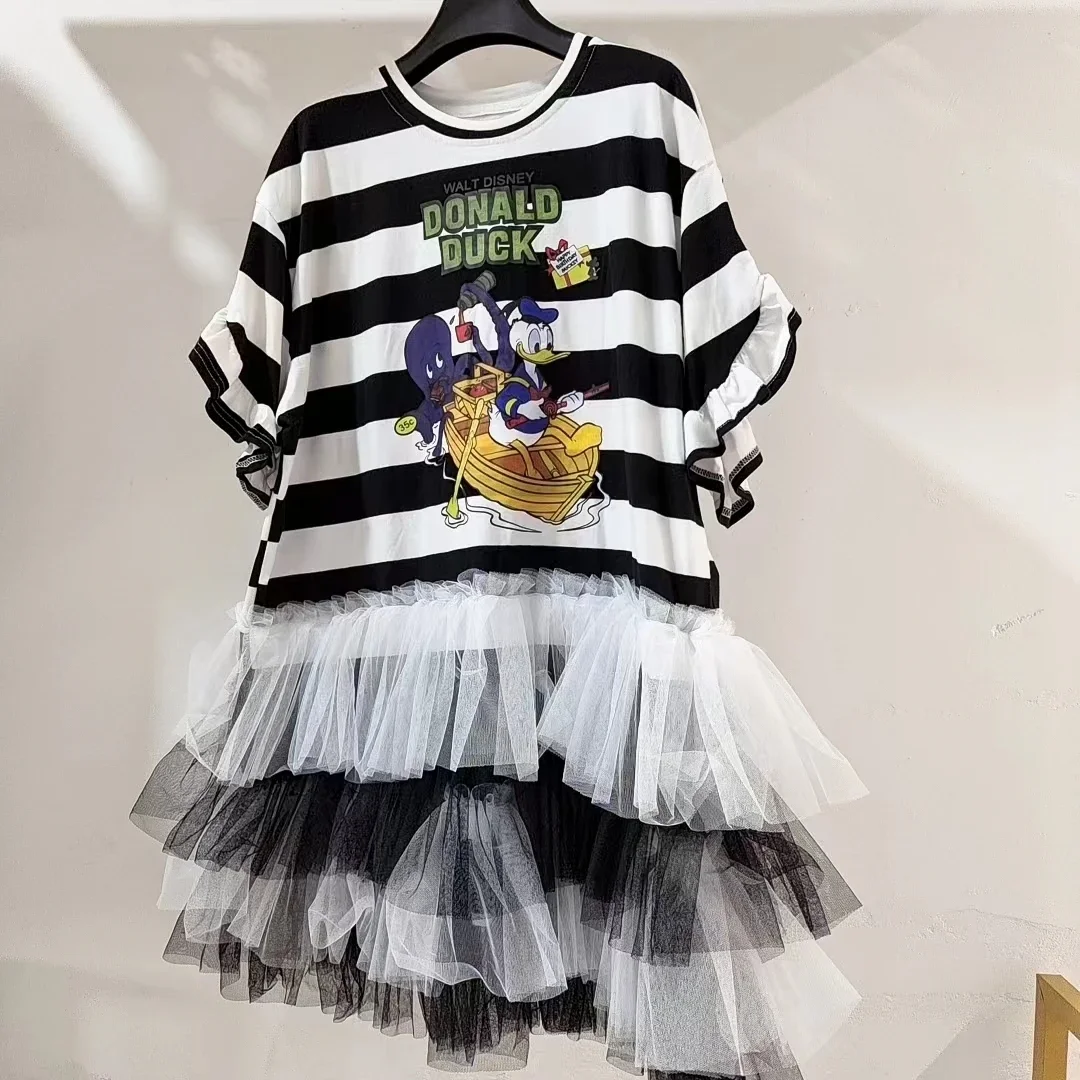  New Cartoon Dresses Mesh Stitching Black White Striped Loose All-Match Summer Short Sleeve Mini Dress Y2k Accessories