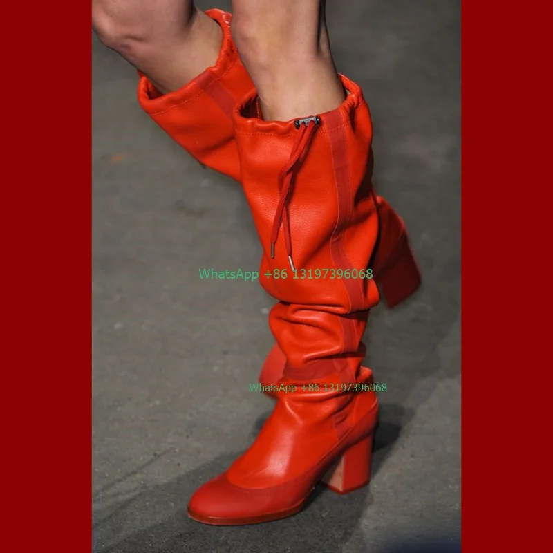 Lady PU Red Pleated Design Boots Party Chunky Heel T SHOW Dress Shoes Summer Fall Boots Calf Knee Boots Daily Causal Boots Size