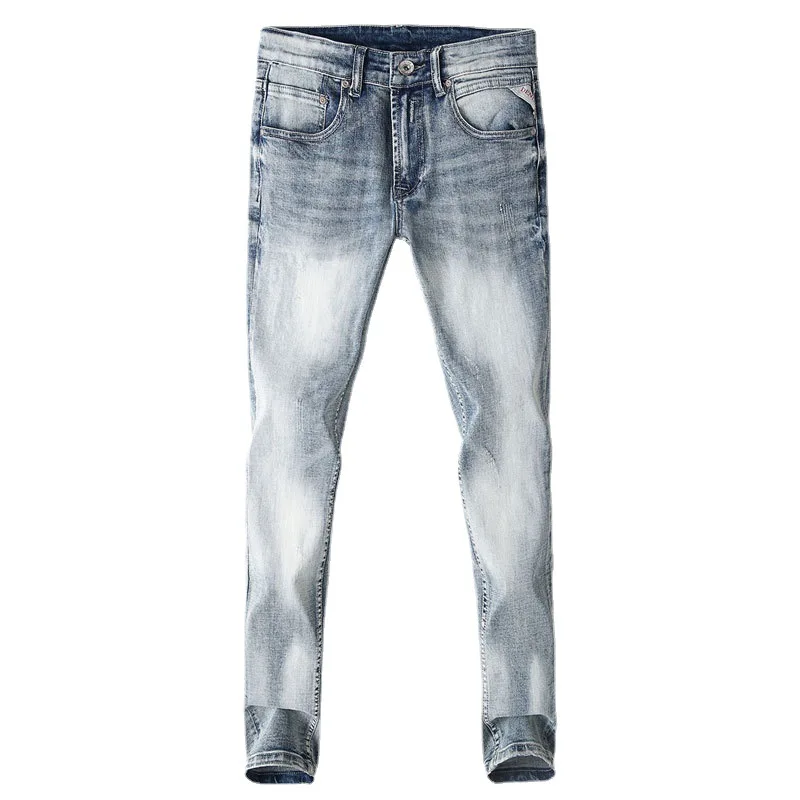 Italian Style Fashion Men Jeans Retro Light Gray Blue Elastic Stretch Ripped Jeans Men Slim Fit Vintage Designer Denim Pants