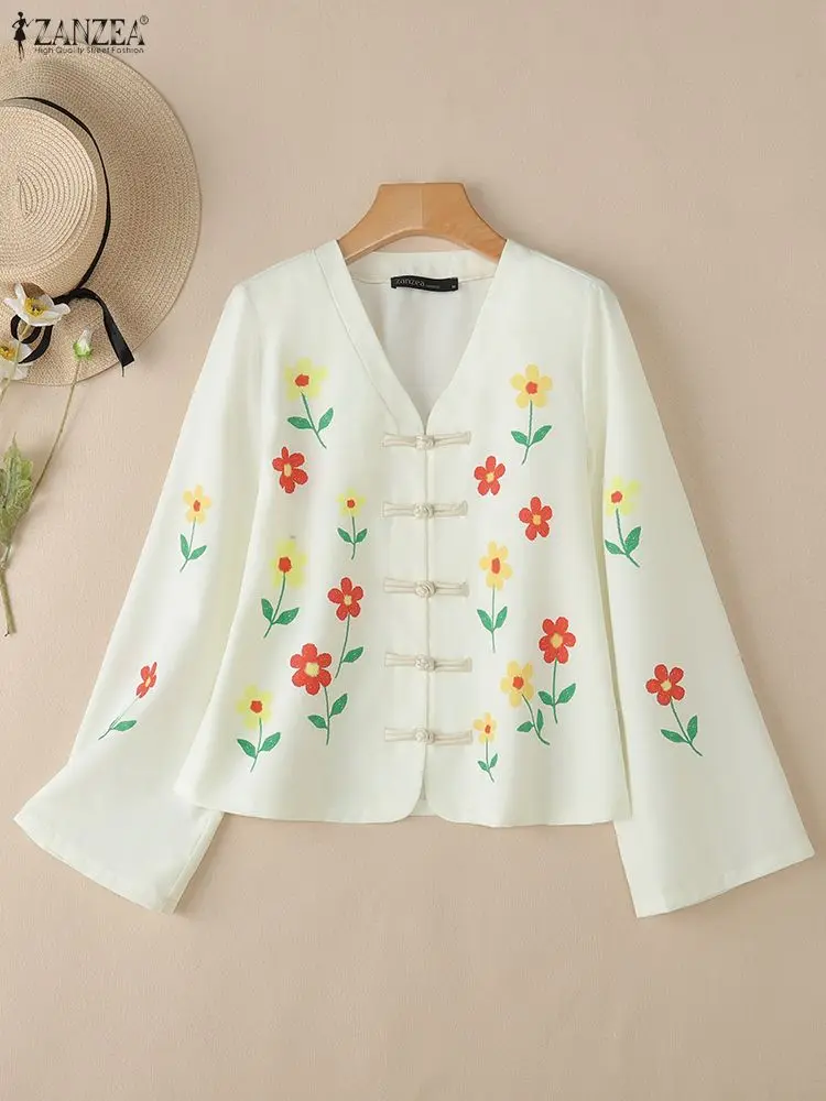 

ZANZEA Vintage Frog Buttons Floral Printing Women Shirts Casual V-Neck Long Sleeve Button Up Shirt Woman Clothing 3 Colors S-3XL