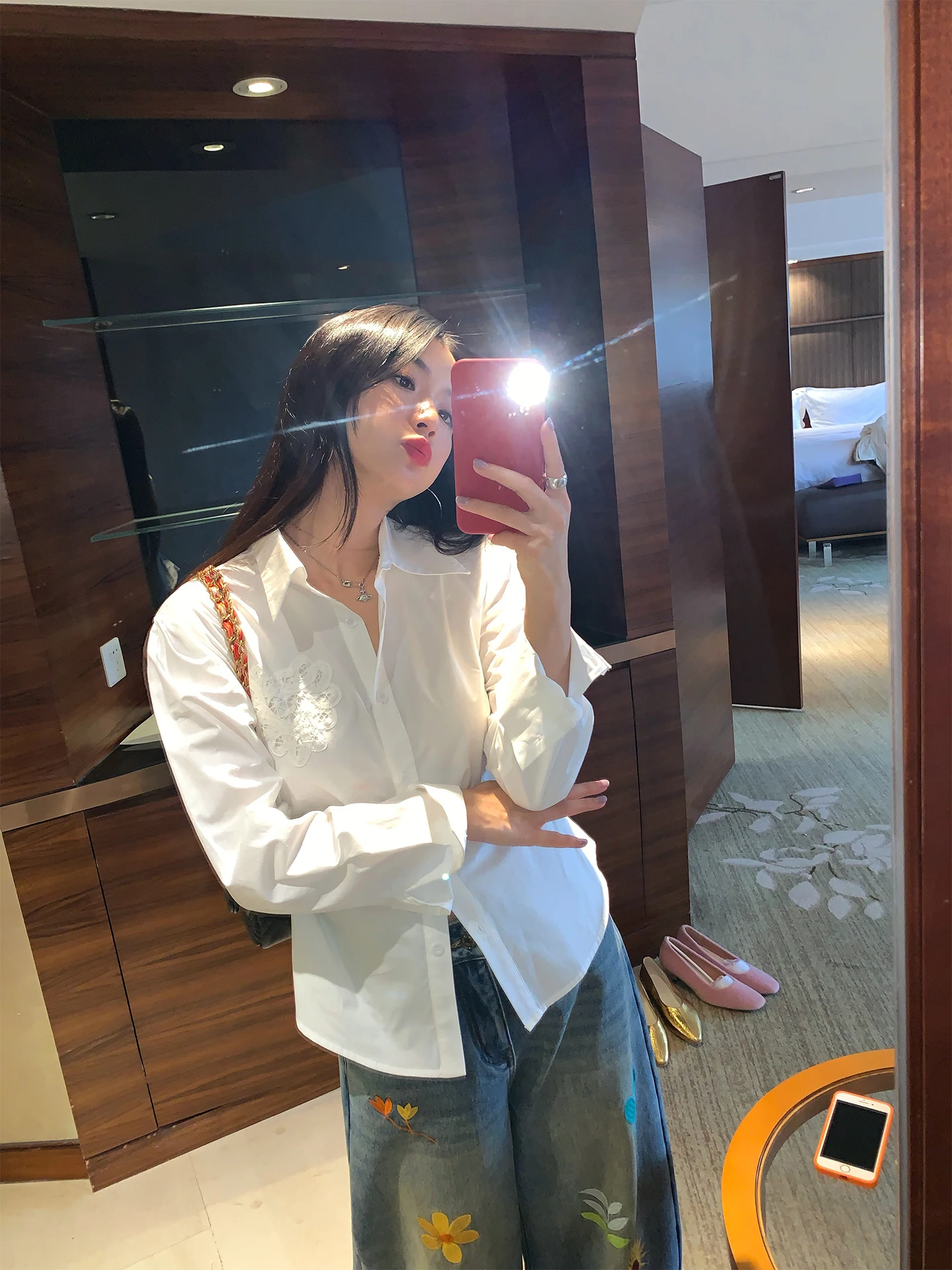 

White Lace Splice Long Sleeve Shirt Women's Fashion Design Spring Autumn Cotton Polyester Blend Comfortable Breathable Shirt