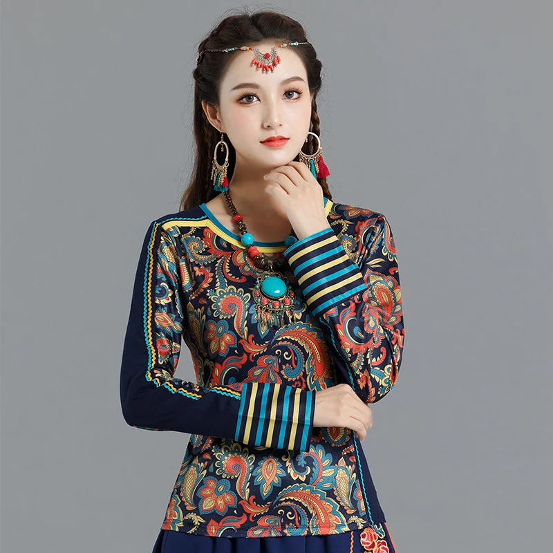 

Элегантная Модная Винтажная футболка в национальном стиле с принтом, весна-лето, женские облегающие Топы в стиле пэчворк с длинным рукавом, Новинка