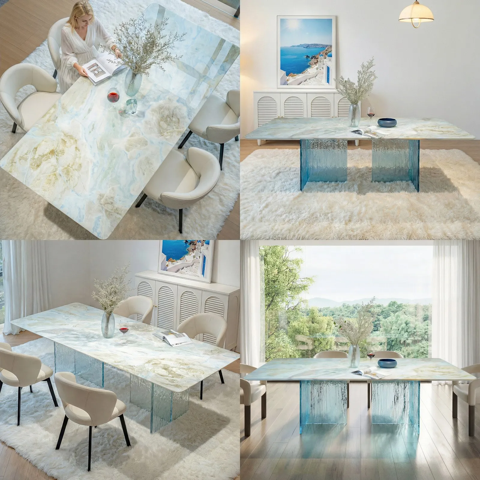 Luxury Maldives Blue Natural Marble Dining Table Italian Minimalist Acrylic Villa Rectangular High-End Simple Stone Dining Table