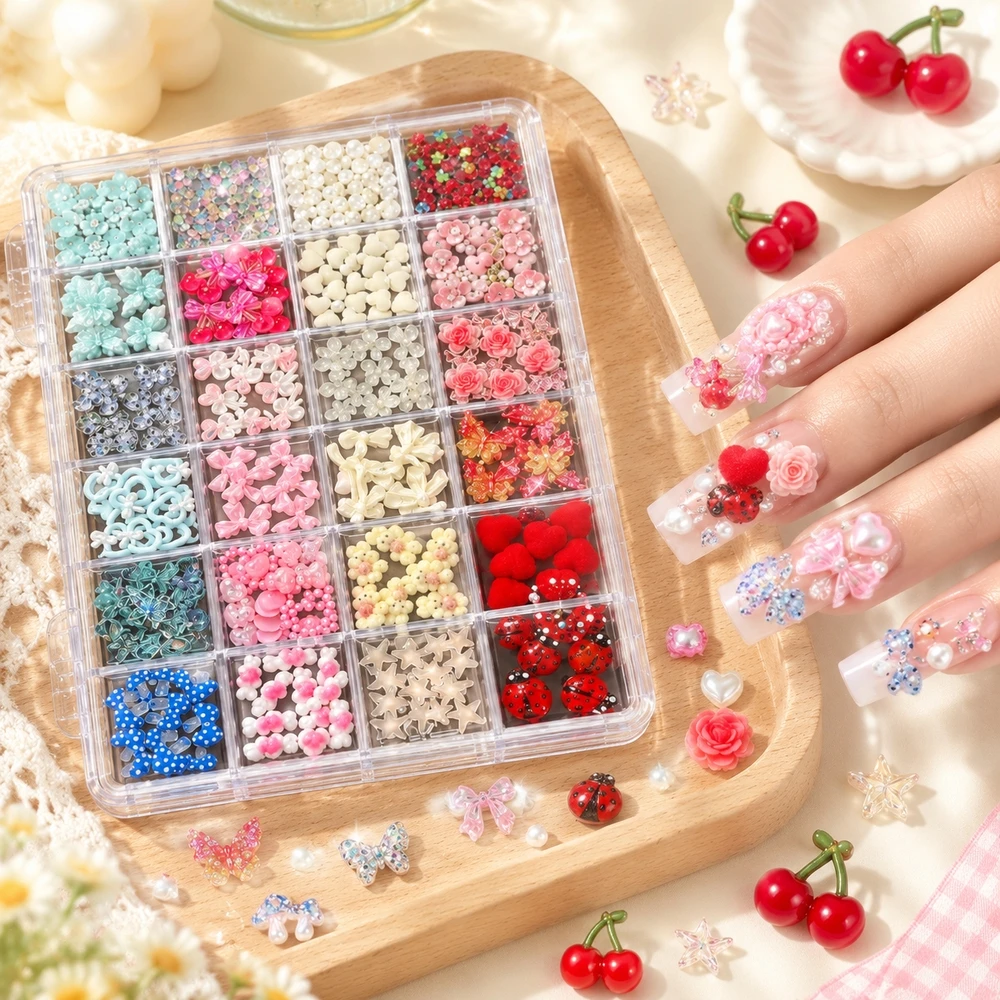 24Grids 3D Resin Nail Ornaments Mixed Color Bowknot Flower Heart Butterfly Nail Charms For Home DIY Nail Art Embellishments