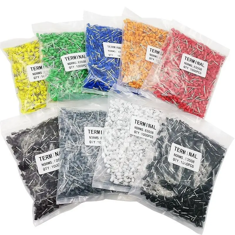 ~1000Pcs E0508 E7508 E1008 E1508 E2508 Ring Sleeve Tubular Crimp Terminals Electrical Wire Cable Ferrules Connectors