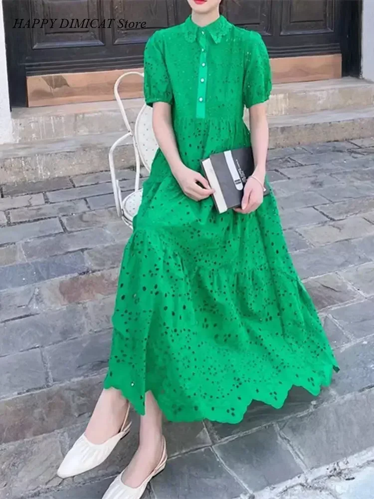 Sundress Boho 패션 라인 Vestidos Elbise Frocks 빈티지 우아한 여성 여름 자수 중공 미디 롱 드레스 레이디