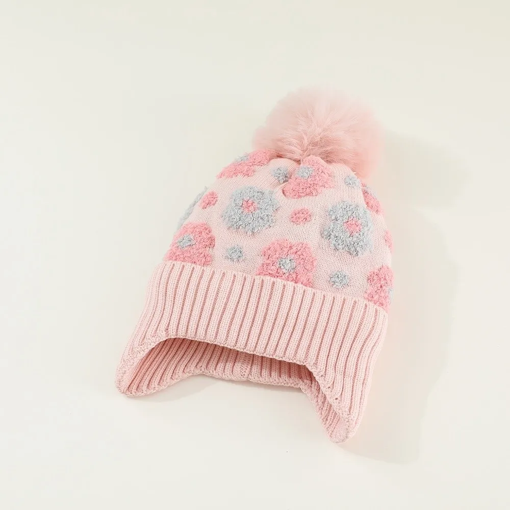 New Elastic Ear Protector Hat Warm Windproof Flower Beanie Pompom Breathable Knitted Hat Outdoor