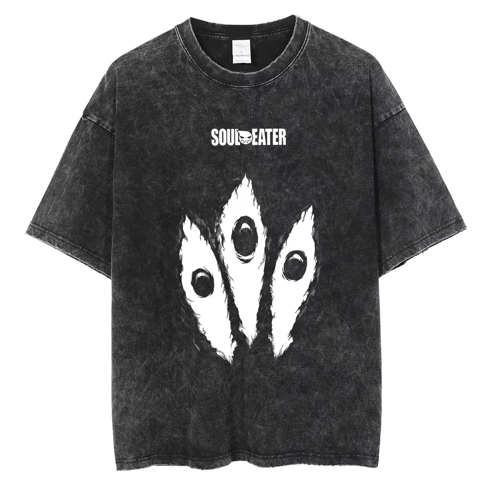 Summer Hot Sale Vintage Washed Anime Soul Eater Harajuku Vintage Washed T-shirt Y2K Men Women Print Crew Neck Casual T Shirt