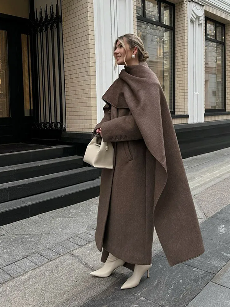 Women Brown Long Scarf Coat With Pocket Casual Loose Single Breasted Warm Overcoat Winter Chic High Street Female Outwear