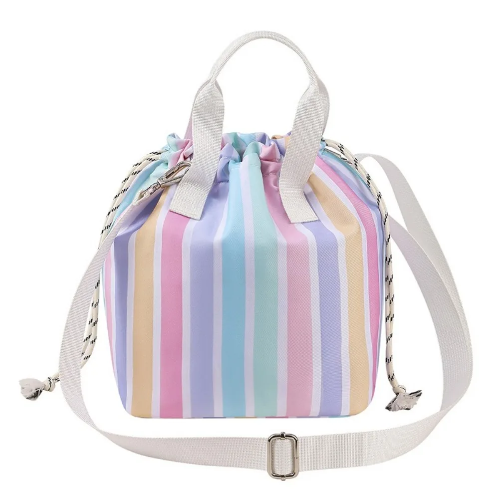 Color Block Drawstring Lunch Box Bag Striped Drawstring Picnic Bag Aluminum Foil Liner Waterproof Lunch Pack Outdoor Camping