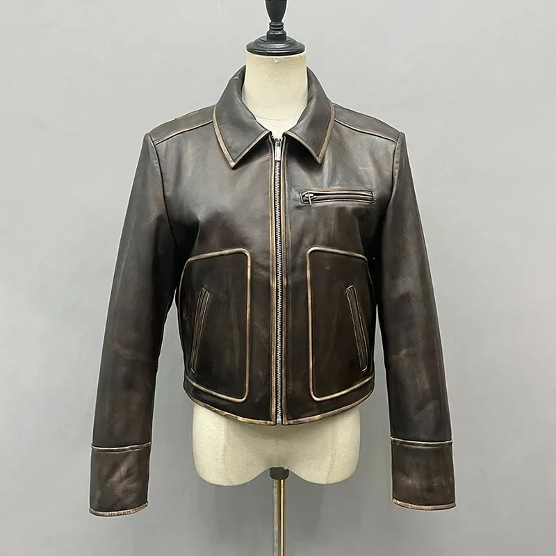 2024 New Arrivals Women's Genuine Sheepskin Leather Jacket Fashion Distressed Leather Coat Lady Vintage