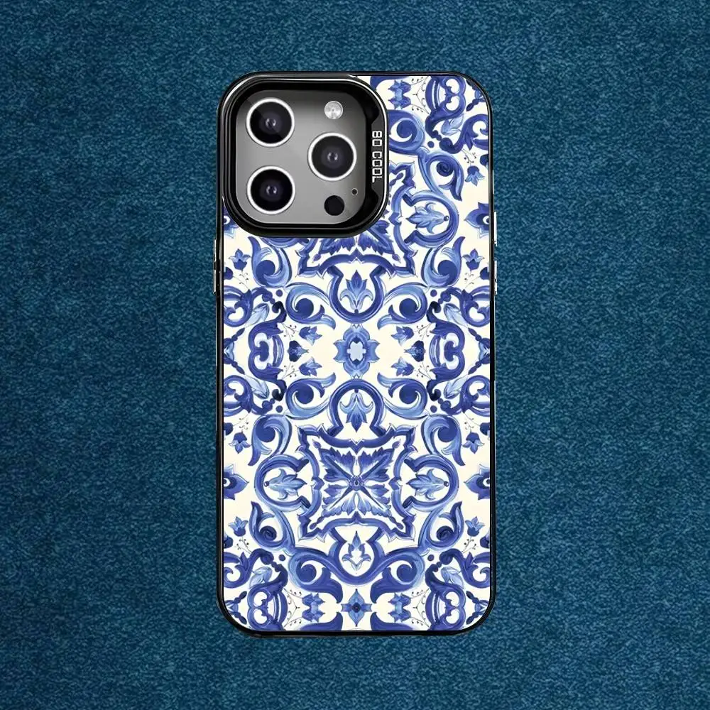 เคสโทรศัพท์ลายครามสีน้ำเงินขาว สำหรับ iPhone17,16,15,14,13,12,Mini,Pro,E,MAX สีเทาด้าน ซิลิโคนสีดำ