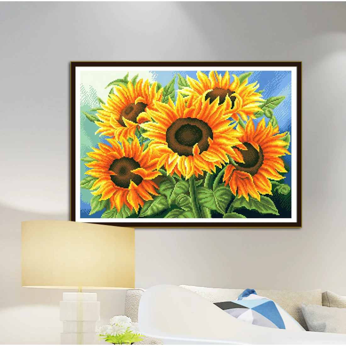 A vibrant sunflower cross-stitch kit, DIY handmade embroidery material pack, floral wall decoration painting, precise printed patterns, beginner-friendly embroidery