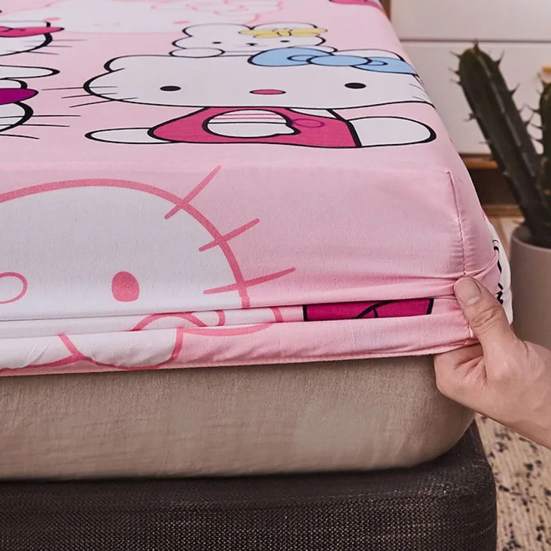 Sanrio Hello Kitty Fitted Sheets Cartoon Kt Pattern Printing Mattress Protector Anti-slip Fitted Sheets Kawaii Girl Bedding