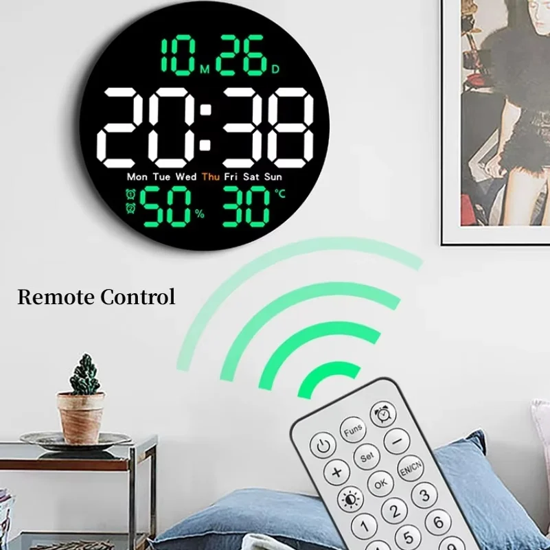 10 Inch Remote Control Digital Wall Clock Temperature Humidity Date Week Timing Countdown 2 Alarm Auto Dimmer LED Alarm Clock
