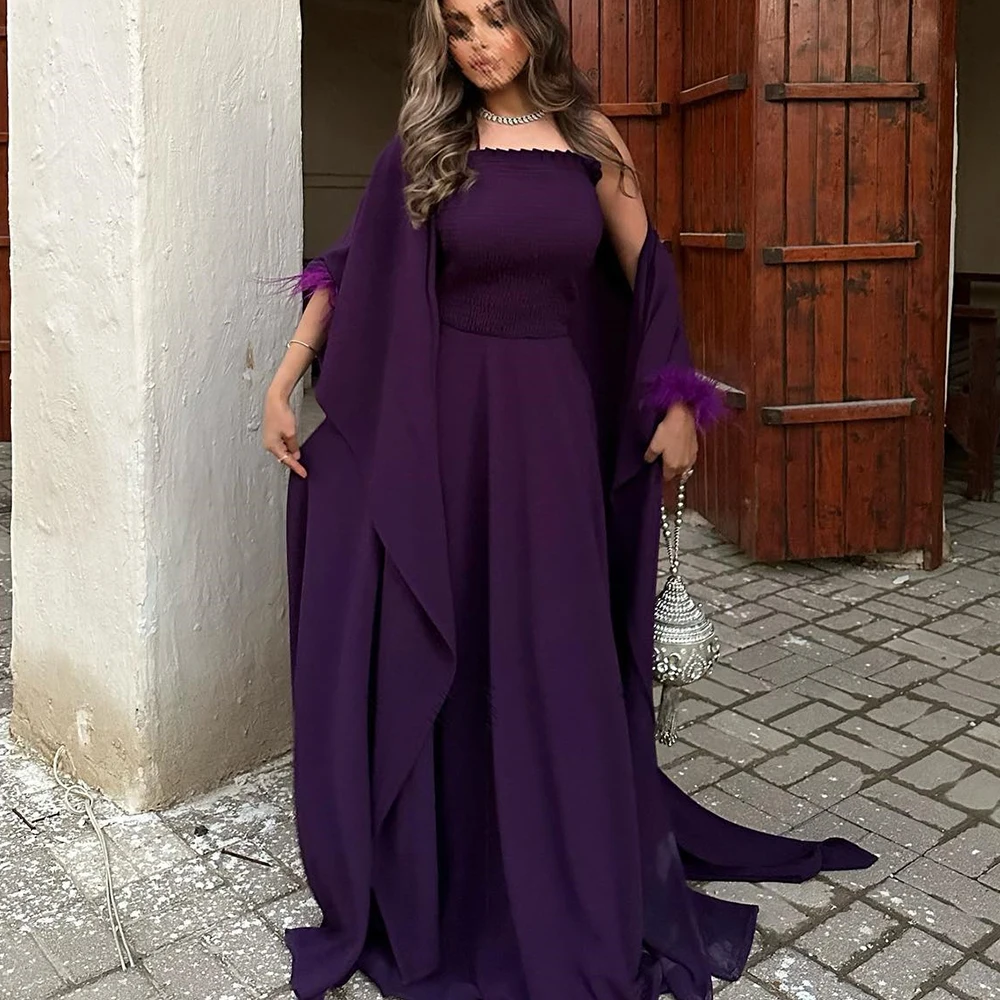 

Dubai Evening Caftan Dress Boat Neck Feathers Shawl Sweep Train Floor Length Chiffon Straight Spaghetti Straps Quinceanera Dress