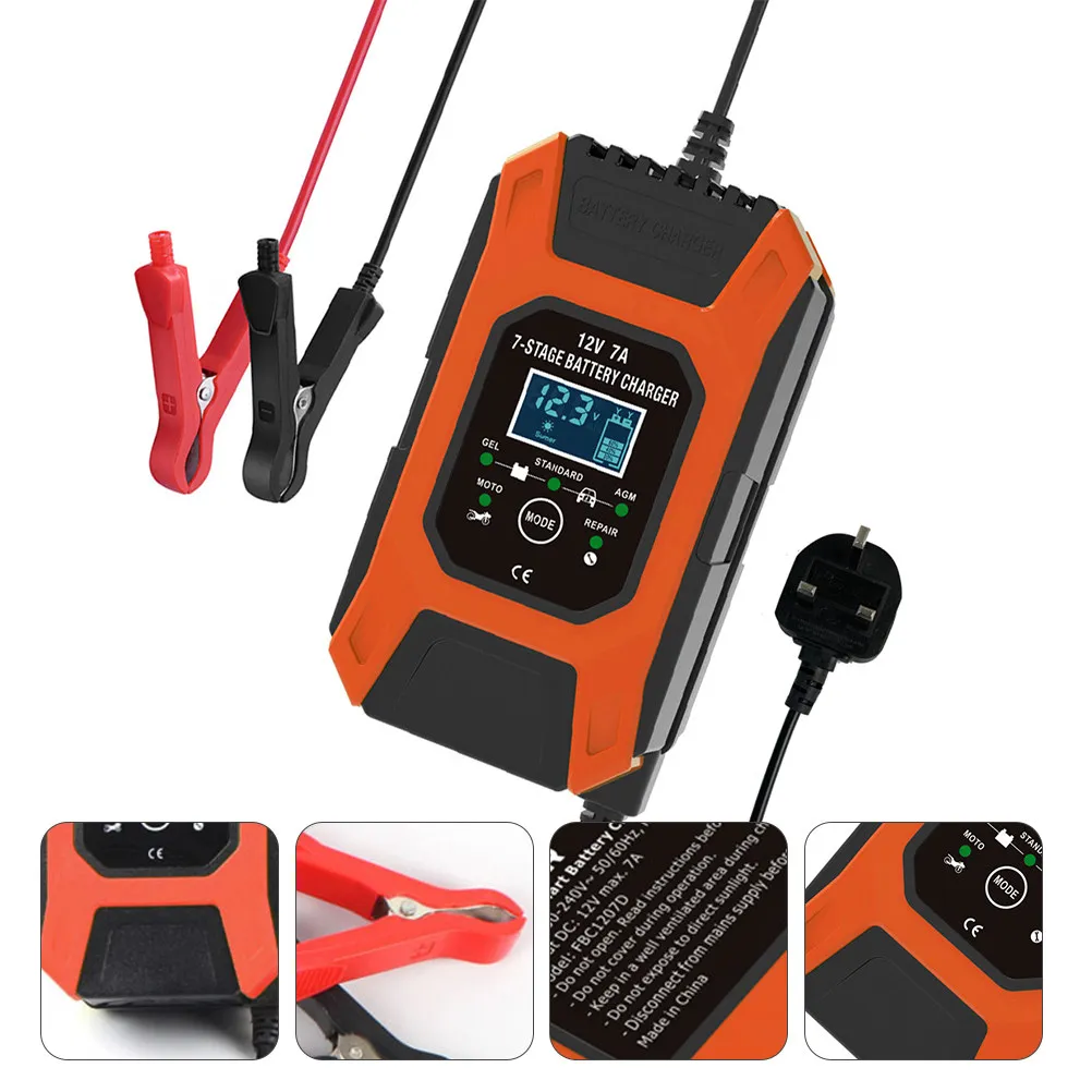

12V 7a Car Battery Charger 7-Stage Battery Maintainer Repair Digital Display Auto Motorcycle Vehicle Charger Charging Supply