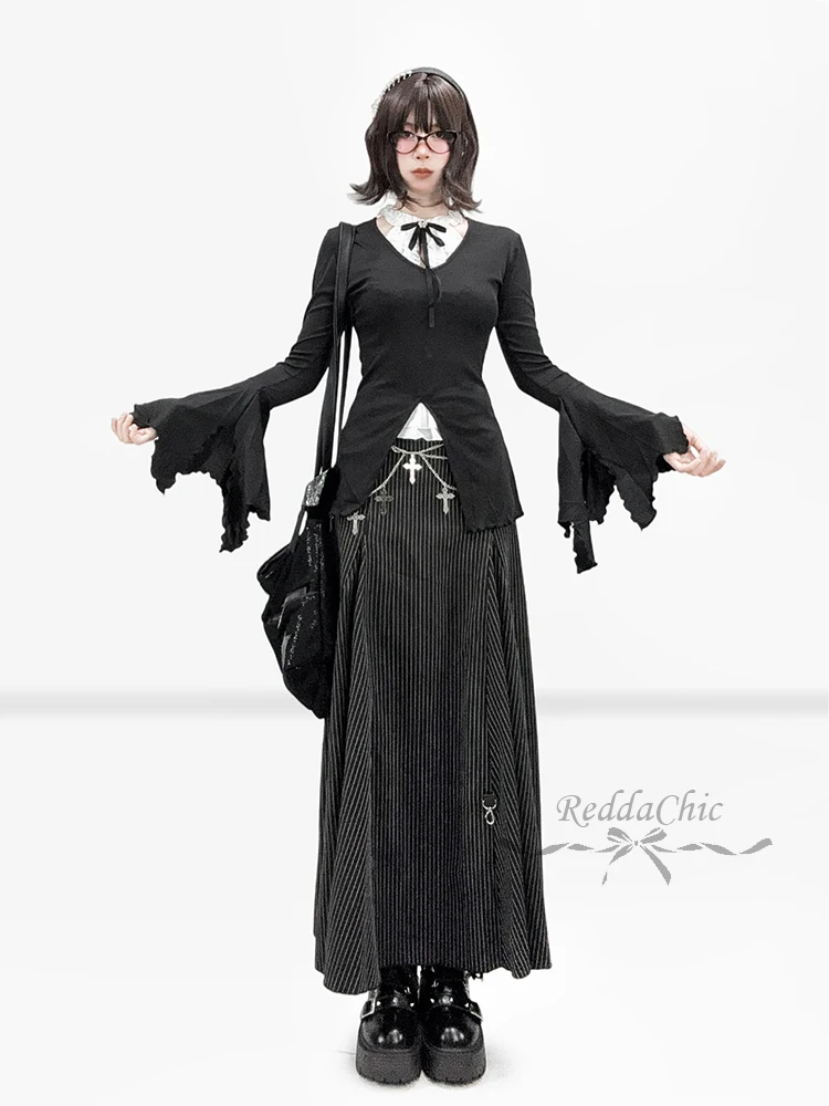 REDDACHiC 3-piece Frilly Blouse Top Skirt Women Set Grunge V-neck Tee Halter Shirt High-Low Bustle Skirt Dark Academia Clothes