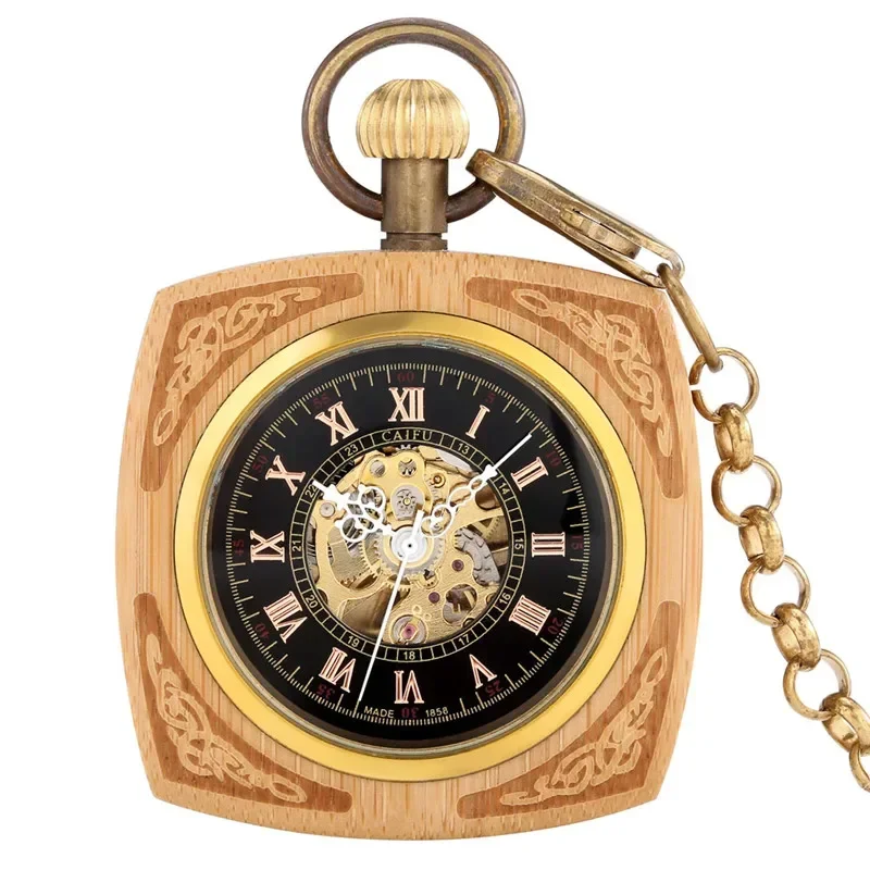 Antique Wooden Pocket Watch Square Case Men Women Automatic Mechanical Watches Roman Number Dial Pendant Chain Timepiece