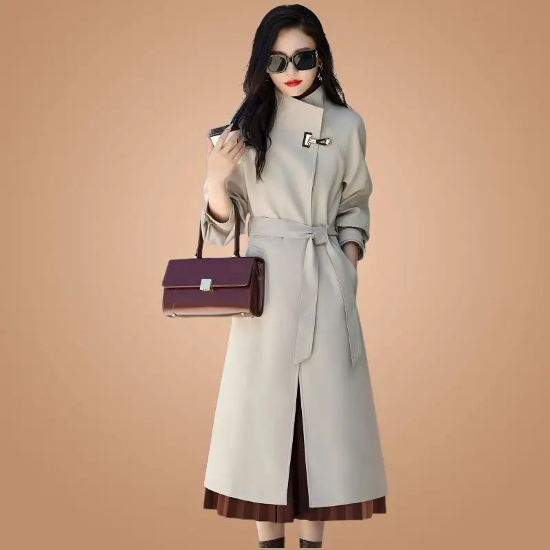 Elegant Office Long Trench Coat Women Stand Collar Metal Toggle Buckle  Tie Belt Split Hem Slim Windproof windbreaker Outerwear