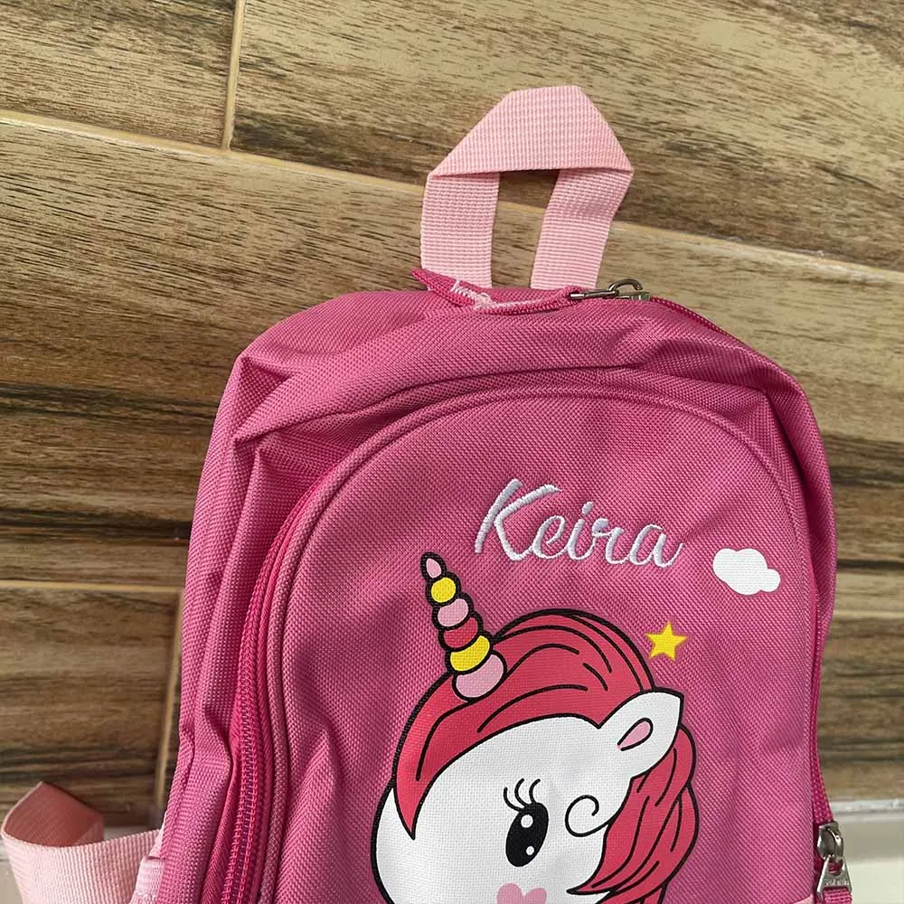 Sac à dos brodé licorne mignon pour garçons et filles, nom personnalisé, cartable pour enfants de la maternelle, sacs de collation sortants personnalisés pour bébé