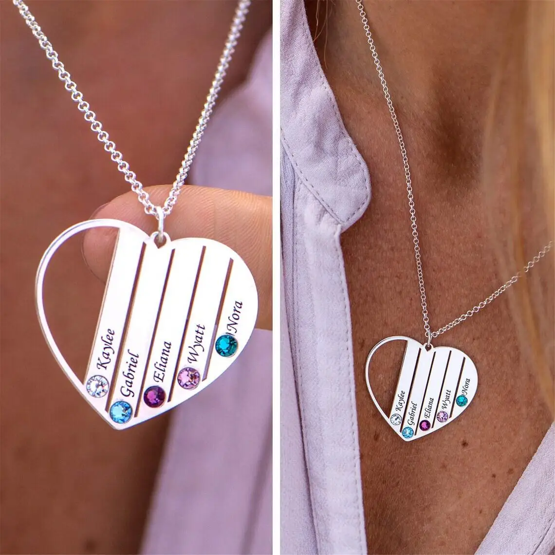 Personalized Family Name Necklace Family Tree Customized Heart Pendants Birthstone Engrave Letters Necklace for Women Jewelry