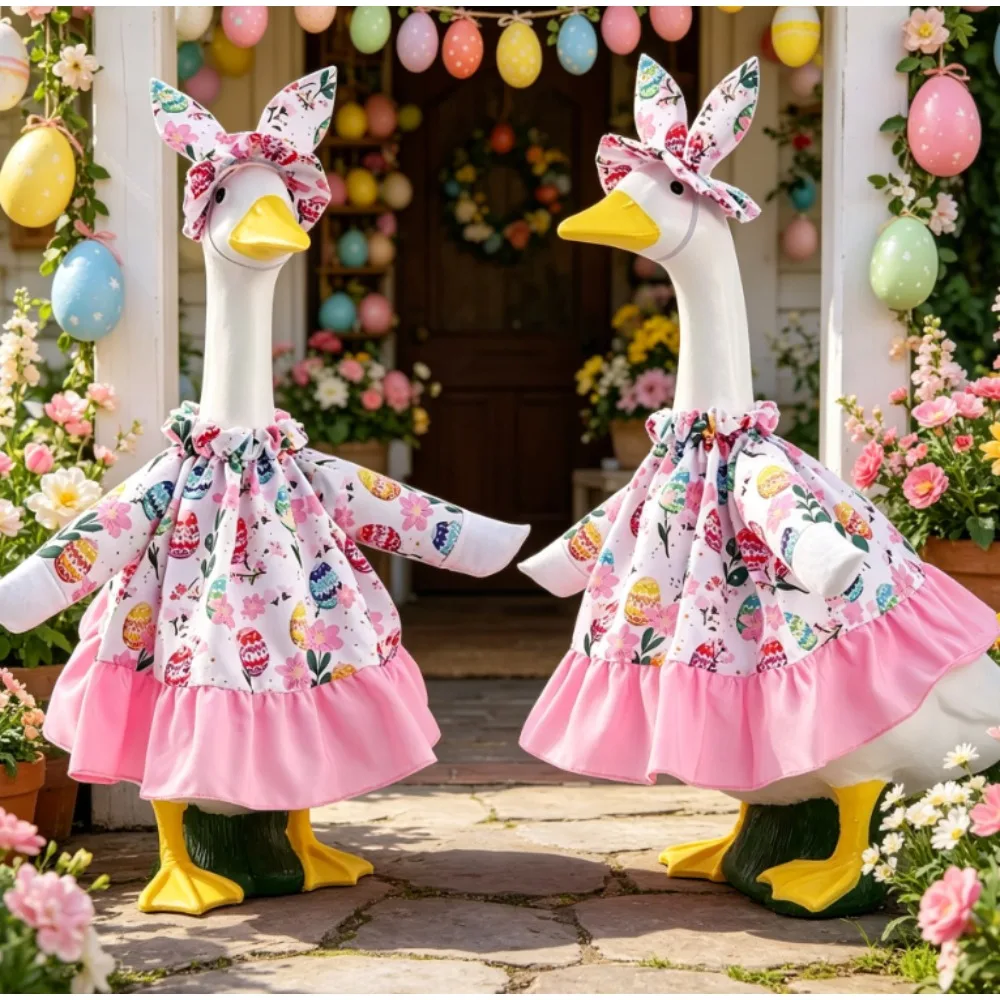 New Summer Goose Outfits with Egg Rabbit & Floral Prints Fits 23 Inch Cement & Plastic Goose Statues Festive Decor