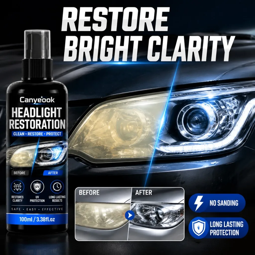 CANYEOOK Safe Headlight Restorer Non-Corrosive Formula, No Sanding Needed, Restores Clarity & Protects Against Yellowing,100ml