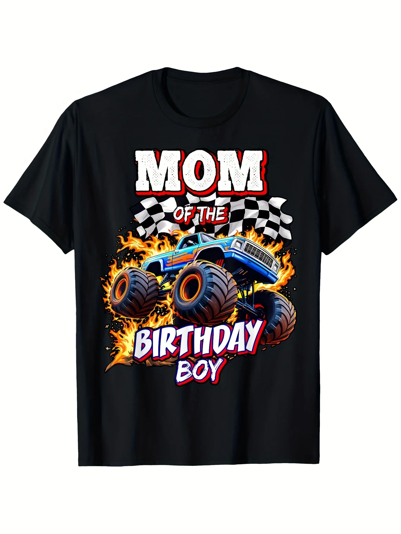 Mom of The Birthday Boy Monster Truck Birthday Novelty T-Shirt, 100%, Holiday Gift, In-Store Explosion, A Lot of Praise, Creative Fun, Family T-Shirt, 180G, Round Neck Black, Seasonal Casual And Trendy Men