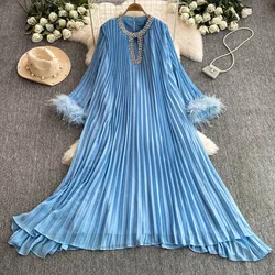 Crystal Luxury Long Maxi Dresses Women 2025 Spring Summer Holiday Fur Full Sleeve Pleated Chiffon Dress Party Wedding Robe