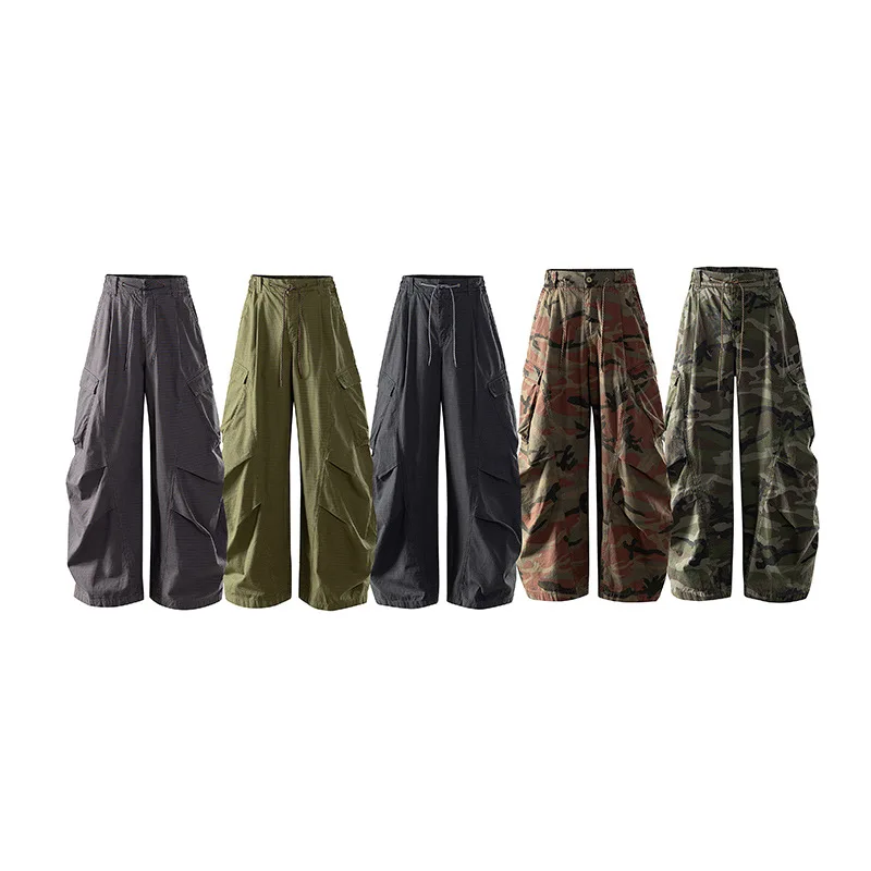 กางเกงคาร์โก้ลายพรางผ้าฝ้ายซักแล้ว กระเป๋าใหญ่ สไตล์สตรีทแวร์ ฮิปฮอป ทรงหลวม ใส่สบาย ขากว้าง ทรงแบ็กกี้ กางเกงคู่รัก