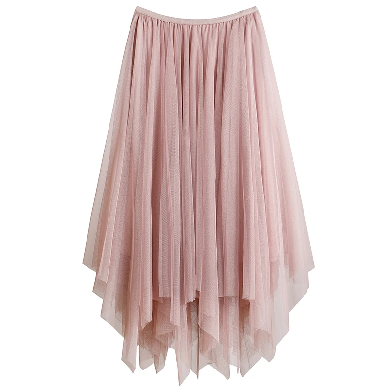 

Asymmetrical Tulle Skirt Women 80cm Length Elastic High Waist Mesh Skirts Long Pleated Tutu Skirt Female Jupe Longue