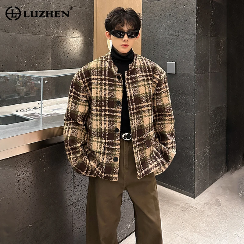 

LUZHEN 2025 зимняя высококачественная красивая элегантная шерстяная куртка мужская модная клетчатая мужская повседневная куртка с принтом и воротником-стойкой JY5242