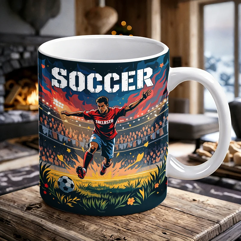 Epic Soccer Player Victory Mug, Stadium Cheering Crowd Fire Background Football Art Cup, Ultimate Fan Sport Aesthetic Coffee Mug
