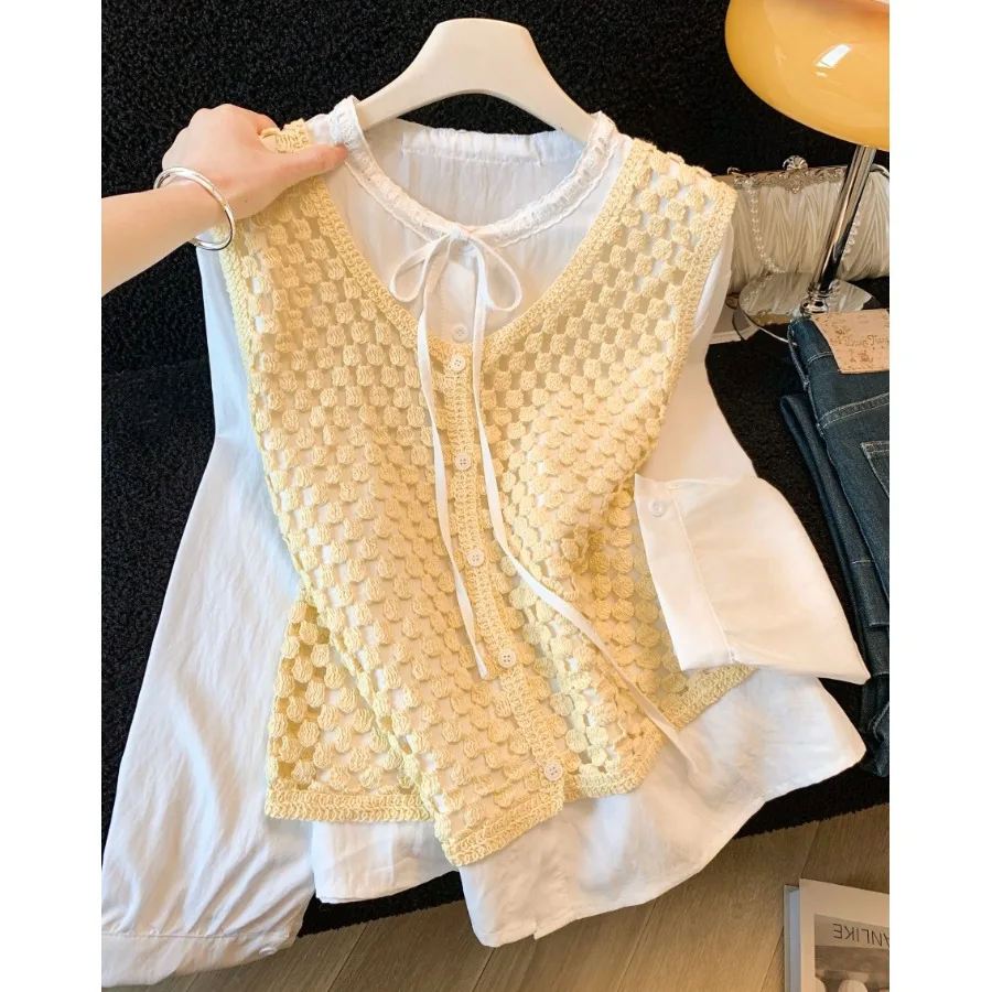 

Korean Sle Hollow out Knitted Cardigan Women's Long Sve irt Two Piece Set Commute Faion Self Kept Design 2026 New Ar...