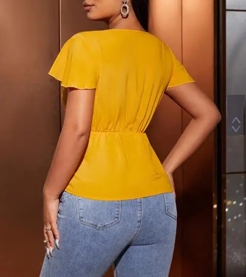 

Elegant V-Neck Women's T-Shirt 2026 Sexy Casual Versatile Solid Color Flying Sleeve Top with Twisted Waist Female Fashion