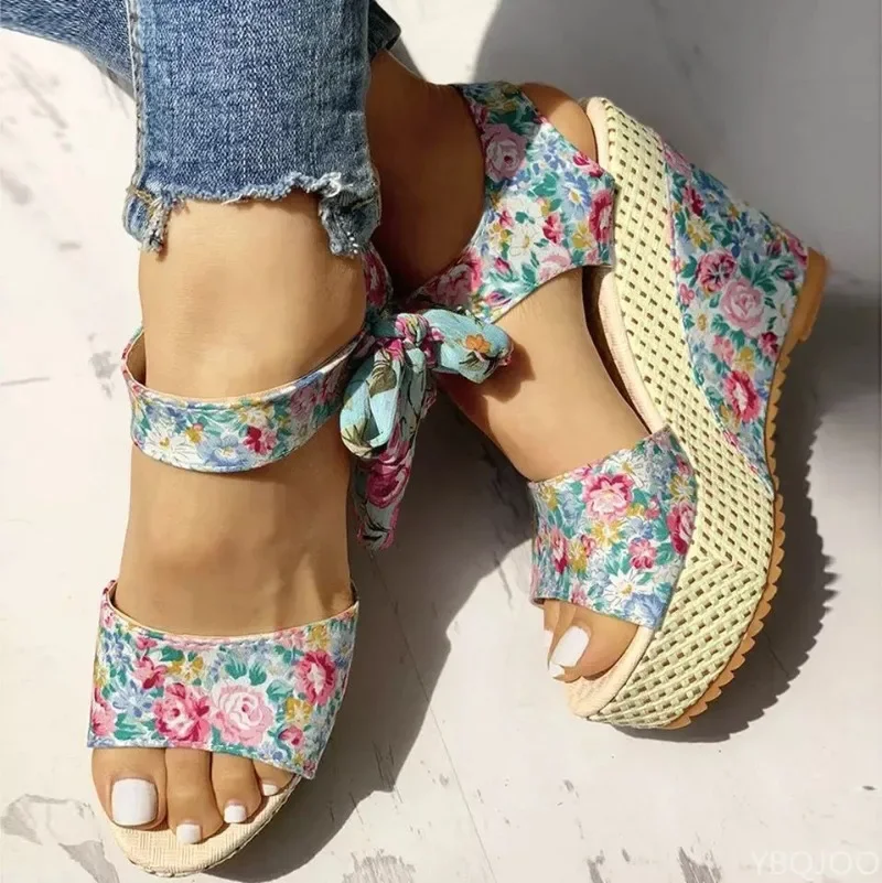 Summer New Fashion Slope Heel Fish Mouth Women's Sandals Party Lace Lace Strap Waterproof Platform Thick Soled High Heels