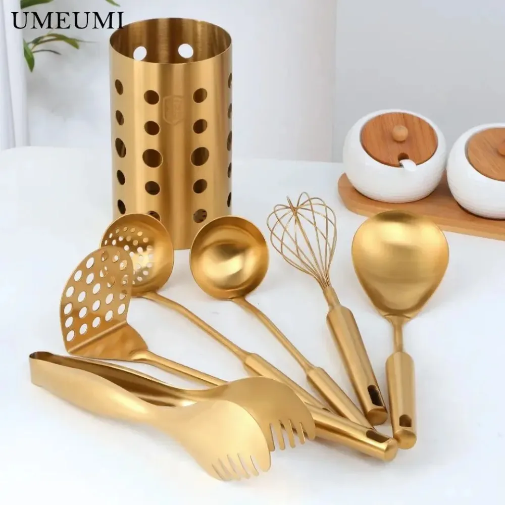 304 Golden Stainless Gift Set of Stainless Steel Kitchen Utensils Cooking Spoon 7 Prem Ложка Кулинарная 7 Предм