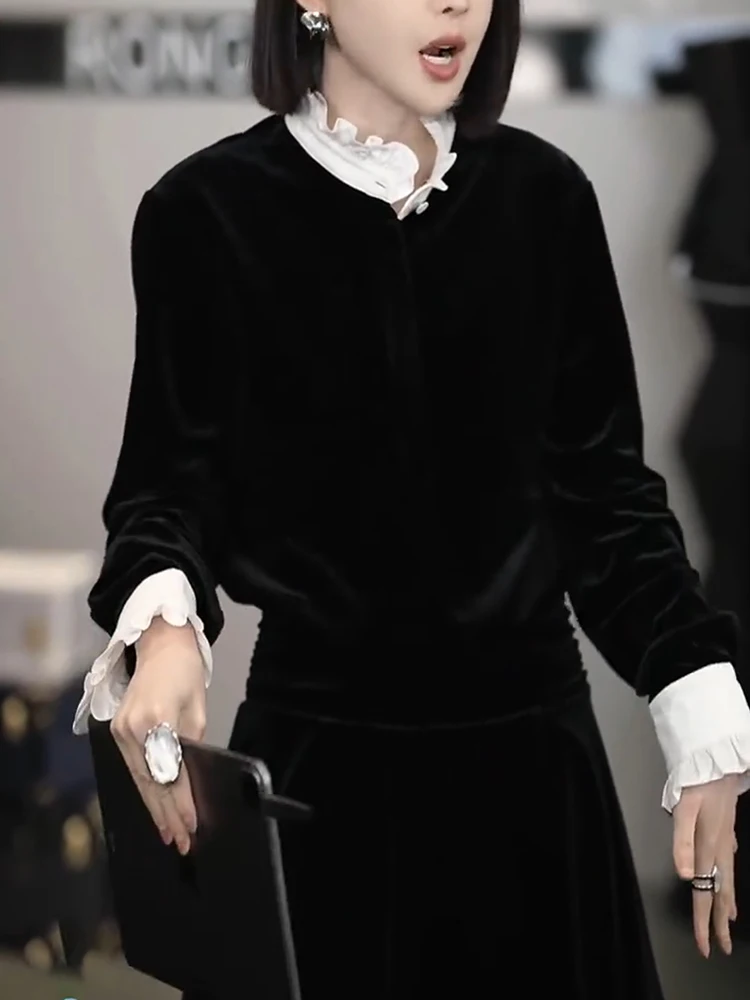 

Faionable Velvet Lace Splicing Long Sve Casual Vintage Spring 2025 plus Size Top Korean Sle High Collar Knitted Fabric