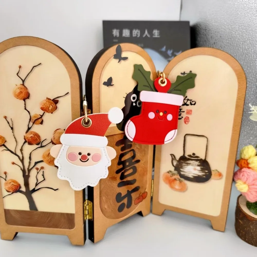 PU Leather Santa Claus Keychain Star Christmas Stocking Christmas Bag Pendant Cartoon Keyring Xmas Access Card Holder