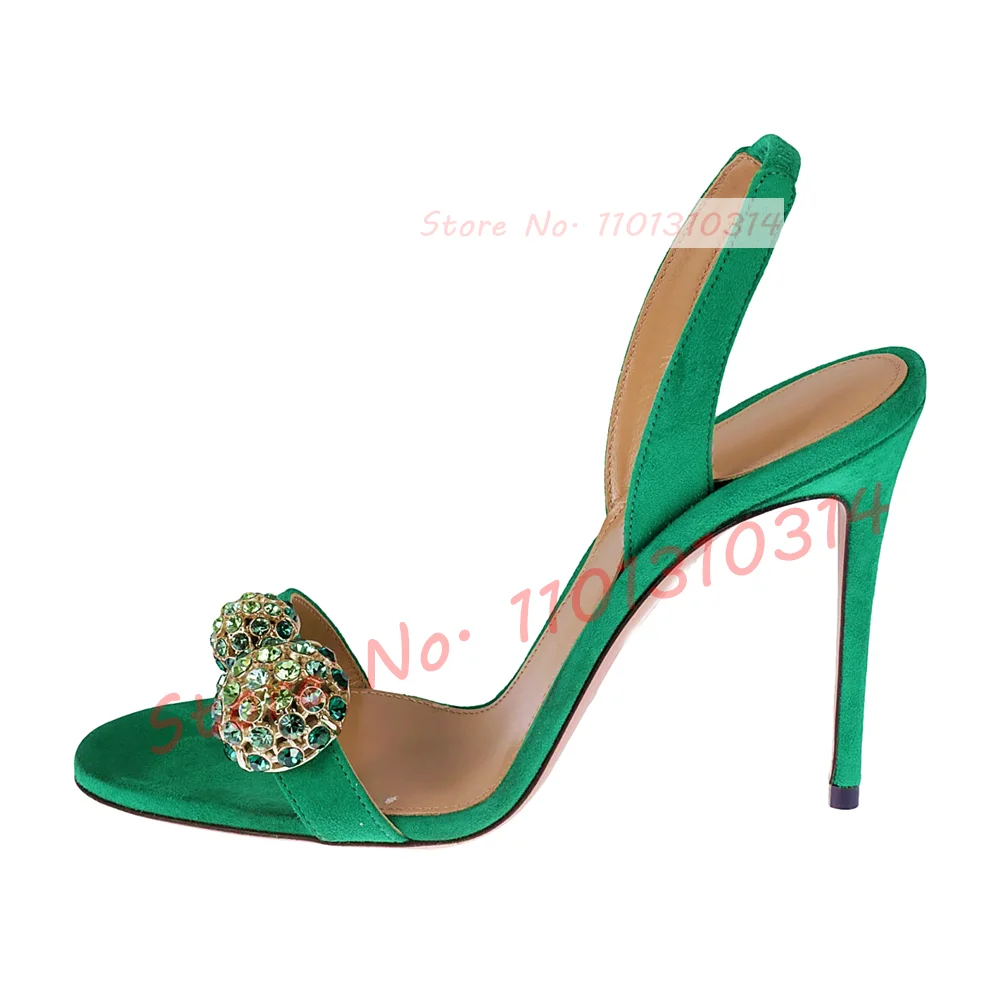 Green Gems sandali con cinturino posteriore donna Open Toe cristallo iridescente scarpe con tacco alto in pelle scamosciata estate donna Verzierte